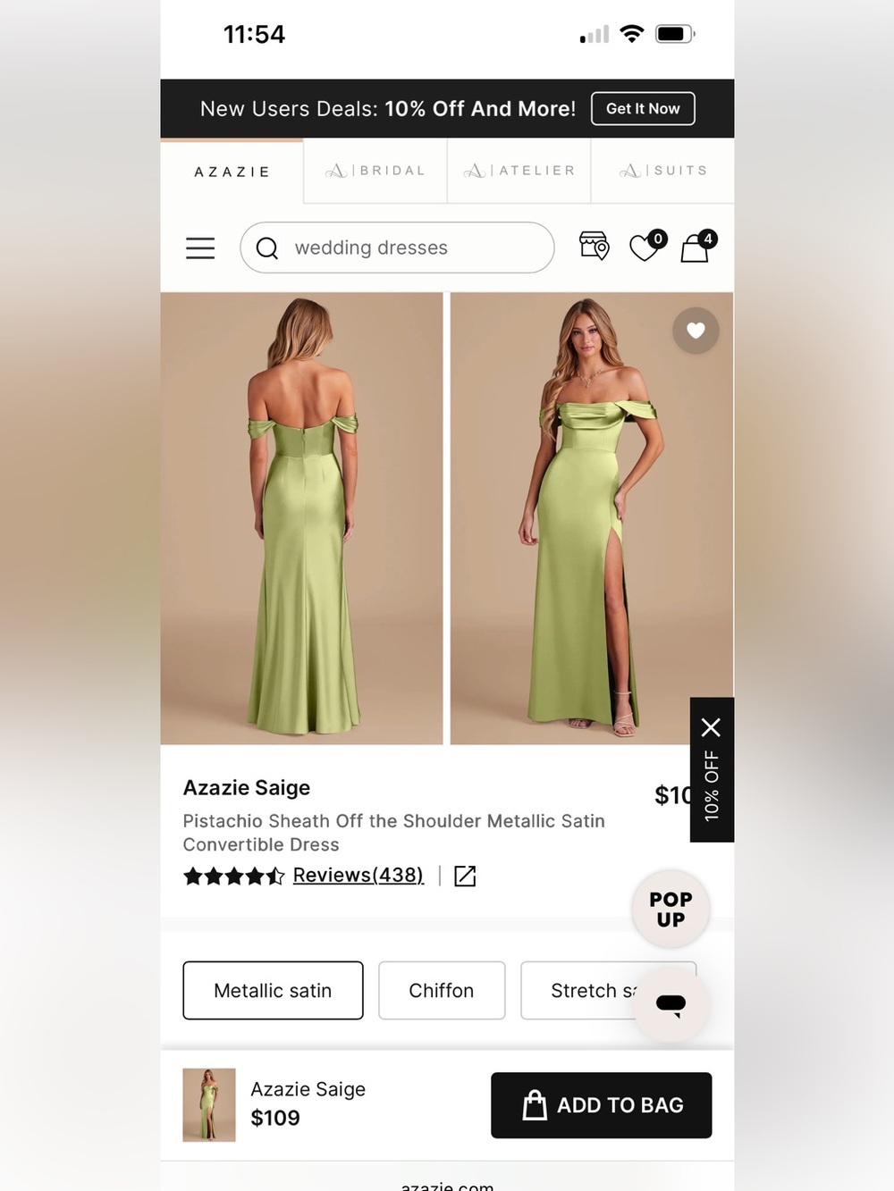Azazie Pistachio One-Shoulder Satin Gown